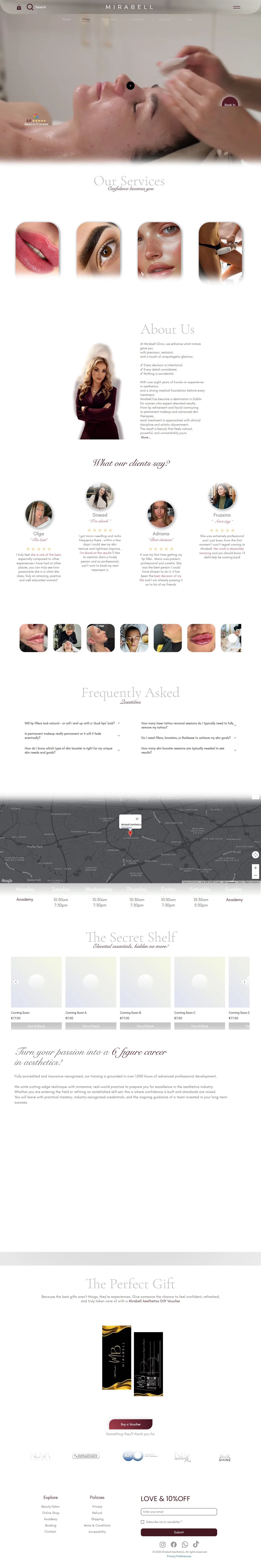 Mirabell Aesthetics website on a computer, full page from top to bottom