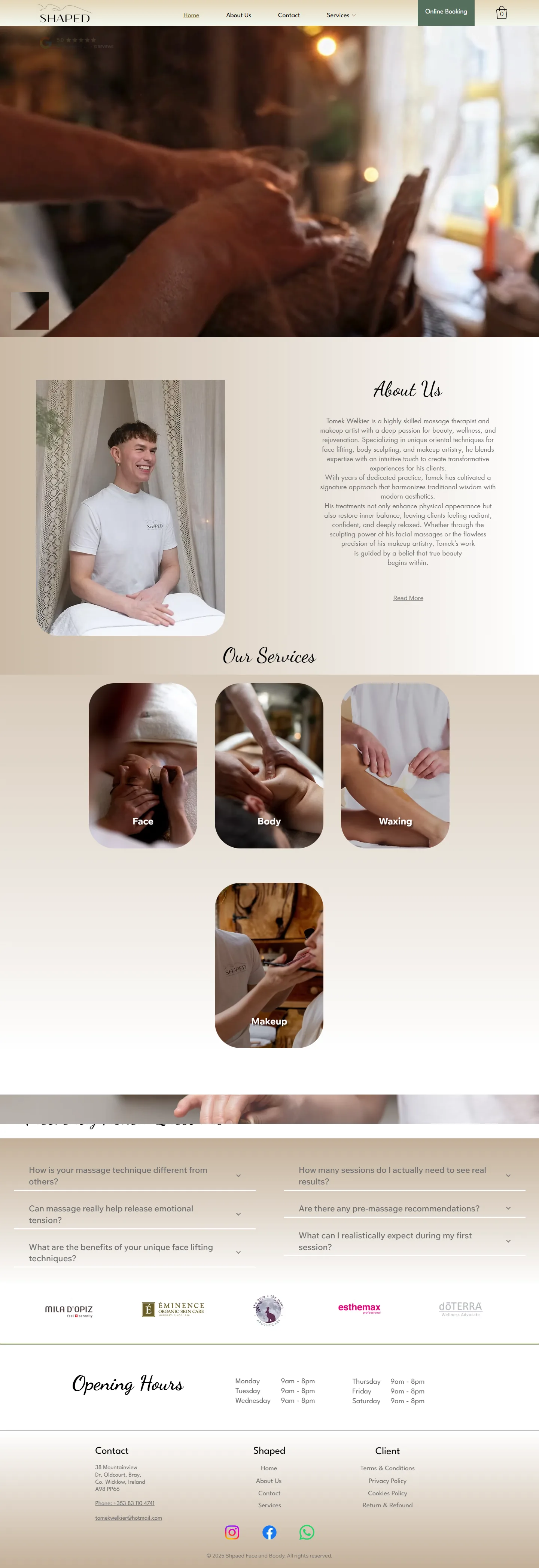 Shaped Face and Body website on a computer, full page from top to bottom