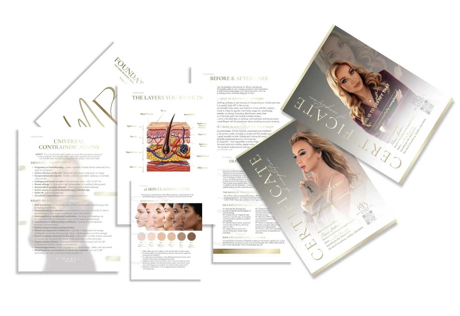 Mirabell Academy training manual and e-book pages with certificates of completion, designed by GOAT BOLD