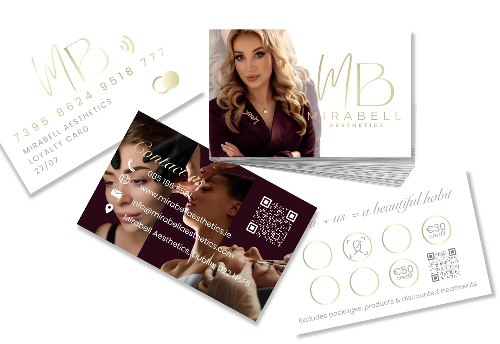 Mirabell Aesthetics business cards and gold foil loyalty card