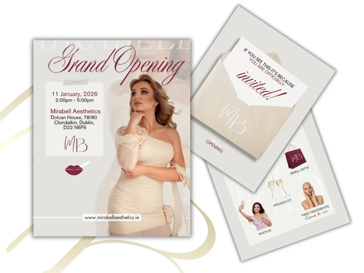 Mirabell Aesthetics grand opening flyer and invitation